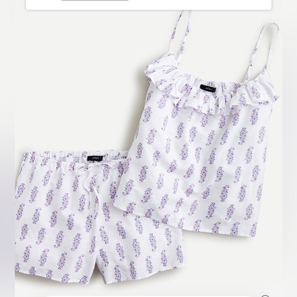 NWT J.Crew Cotton-Linen Ruffle Tank Pajama Set in Budding Branch Print. Size L